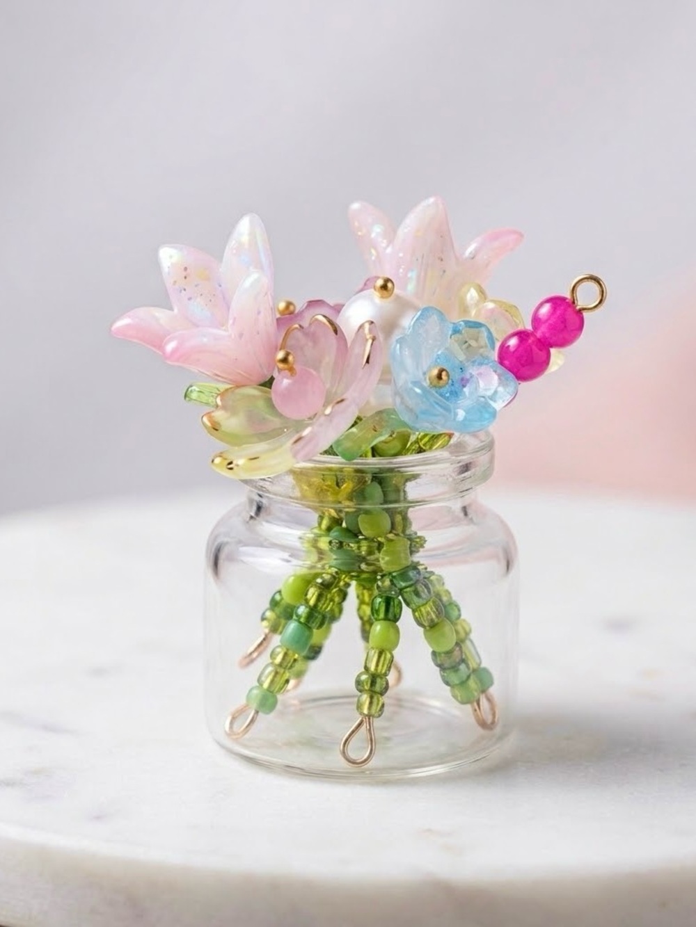 Micro Bouquet with Assorted Beaded Flowers & Mini Glass Vase